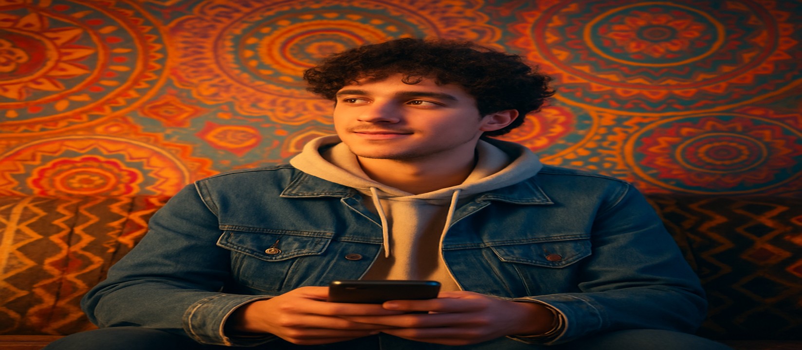 একজন ডেনিম জ্যাকেট পরা ব্যক্তি সোফায় বসে হাতে থাকা ফোনে pbc অ্যাপে গেম খেলছেন