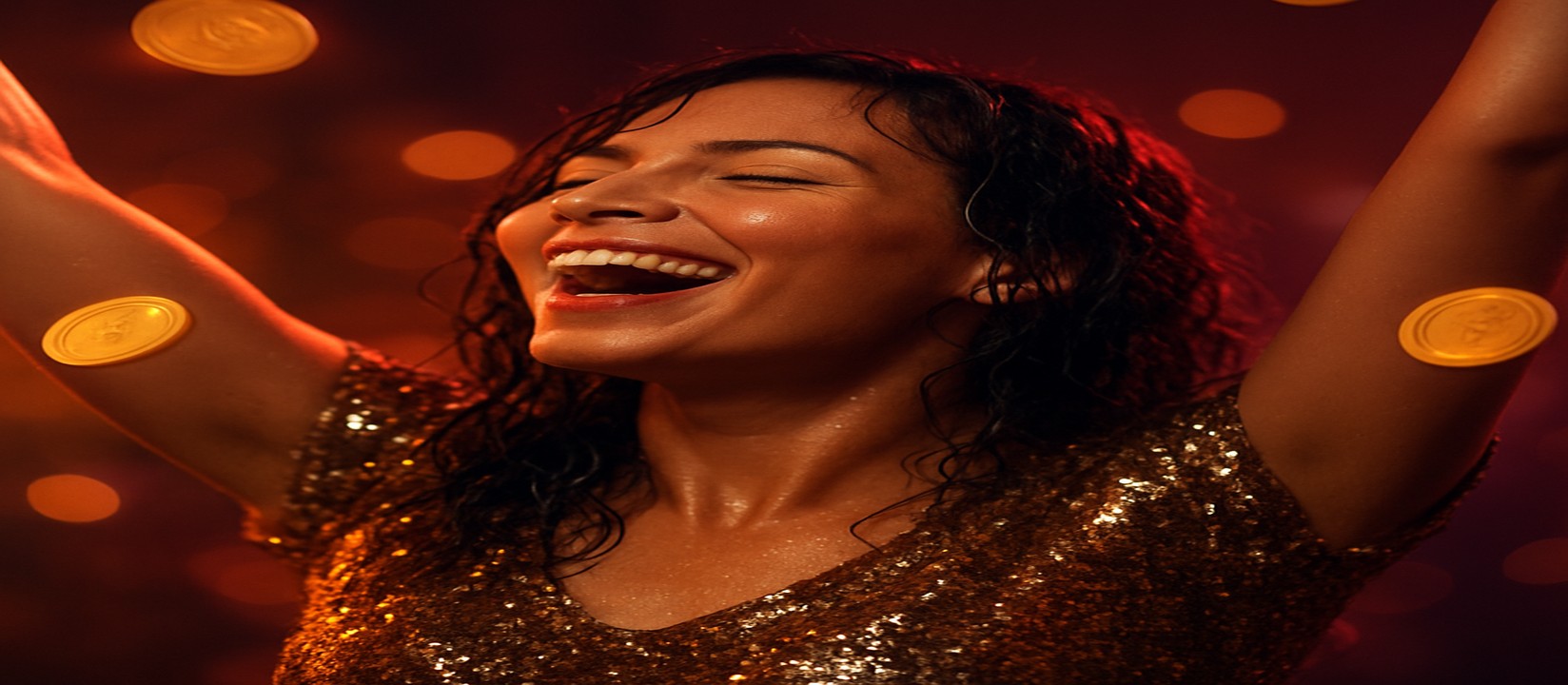 একজন নারী pbc-এর অ্যাভিয়েটর জয় উদযাপন করছেন, চারপাশে সোনার কয়েন উড়ছে