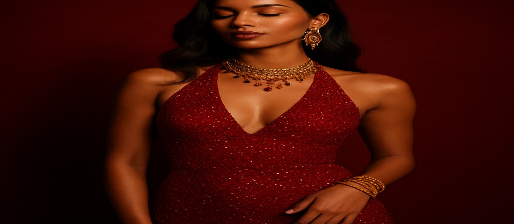 pbc গেমিং প্ল্যাটফর্মের টেবিলে একটি সুন্দর লাল পোশাকে নারী ডিলার উপস্থিত