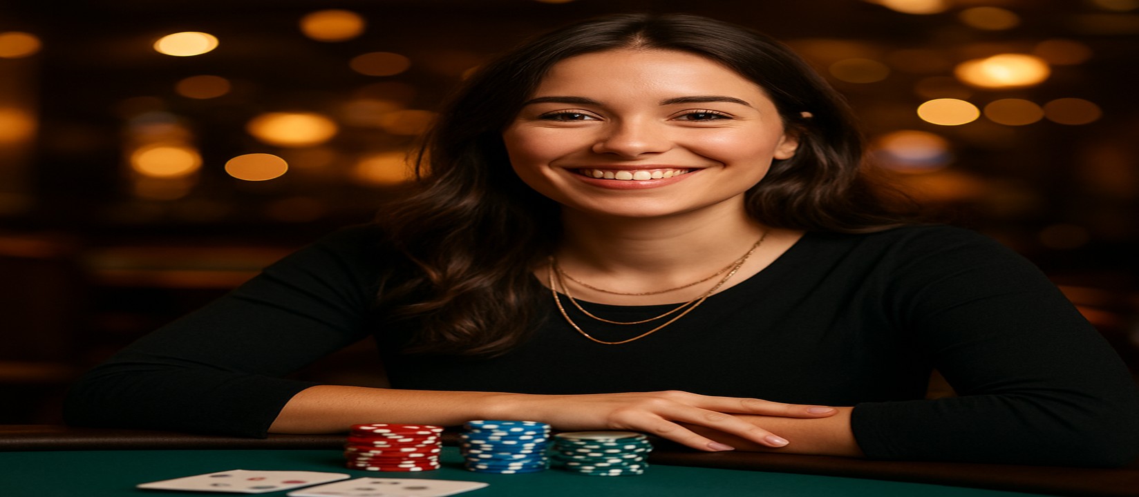 একটি হাসিখুশি নারী ডিলার pbc–র গেমিং প্ল্যাটফর্মের একটি কার্ড টেবিলে বসে আছেন; তার সামনে চিপ ও কার্ডগুলো সাজানো আছে, তিনি বিস্তৃত খেলার বিকল্পসমূহ অফার করছেন।