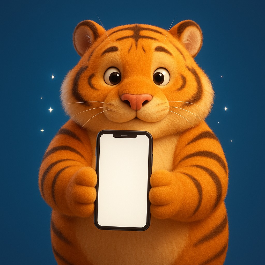 একটি কার্টুন টাইগার বাচ্ছা তার মুঠোয় একটি স্মার্টফোন ধরে রেখেছে, এবং এতে রয়েছে দ্রুত ও নির্ভরযোগ্য pbc অ্যাপ