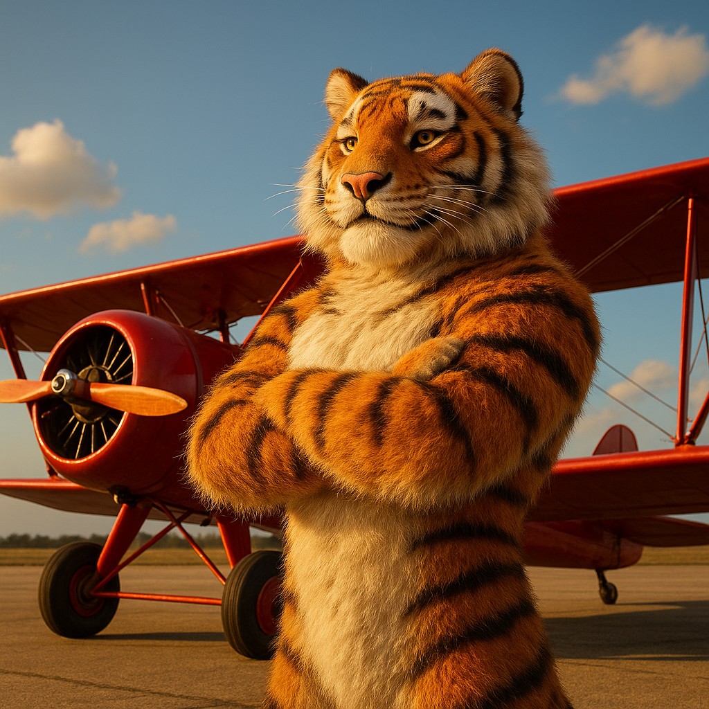 pbc-এর অ্যাভিয়েটর গেমকে প্রতিনিধিত্বকারী, লাল রঙের পুরোনো বিমানের পাশে একটি বাঘ-চালিত পাইলট দাঁড়িয়ে আছে