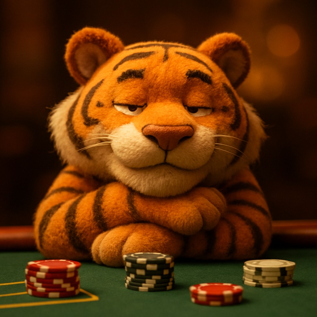 pbc গেমিং প্ল্যাটফর্মে একটি হাসিখুশি বাঘছানা খেলার টেবিলে চিপসসহ বসে আছে