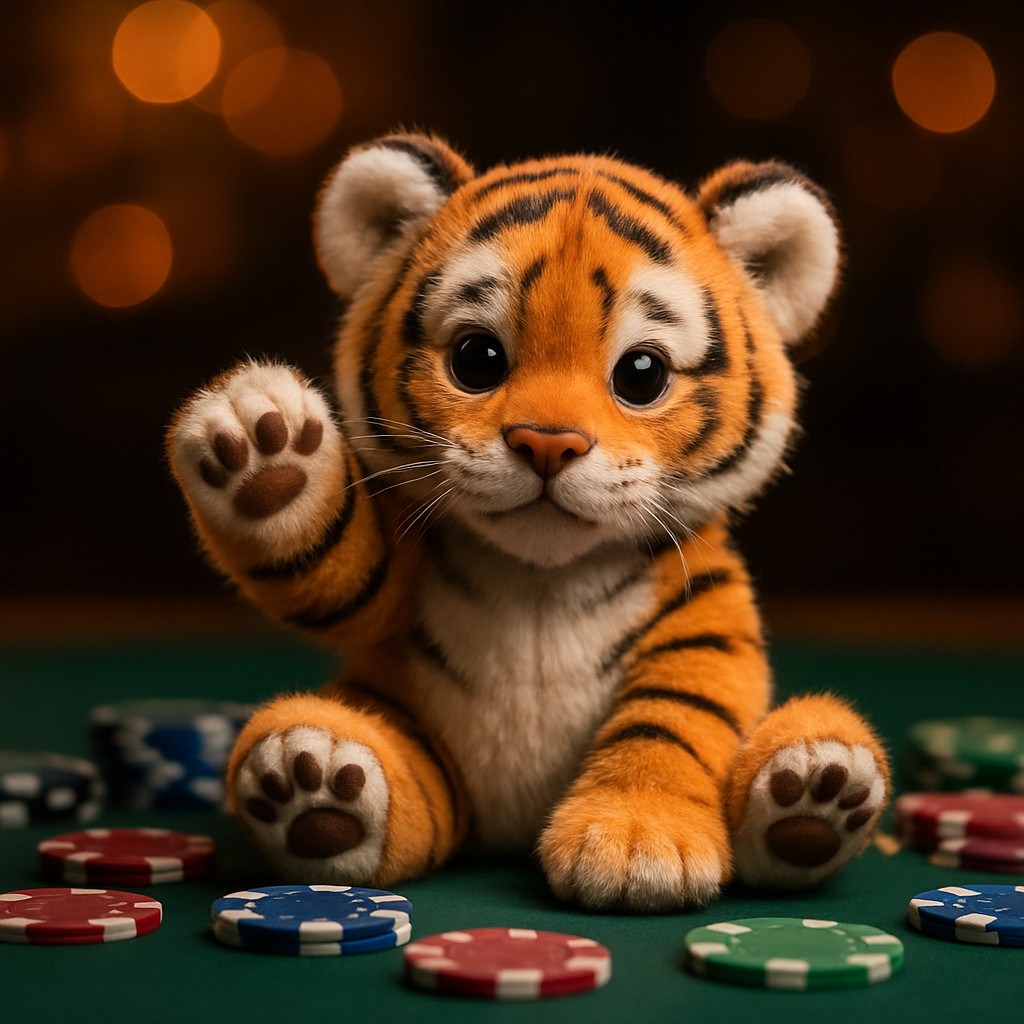 একটি ছোট বাঘছানা টেবিলের ওপর খেলার চিপগুলোর সাথে বসে আছে।