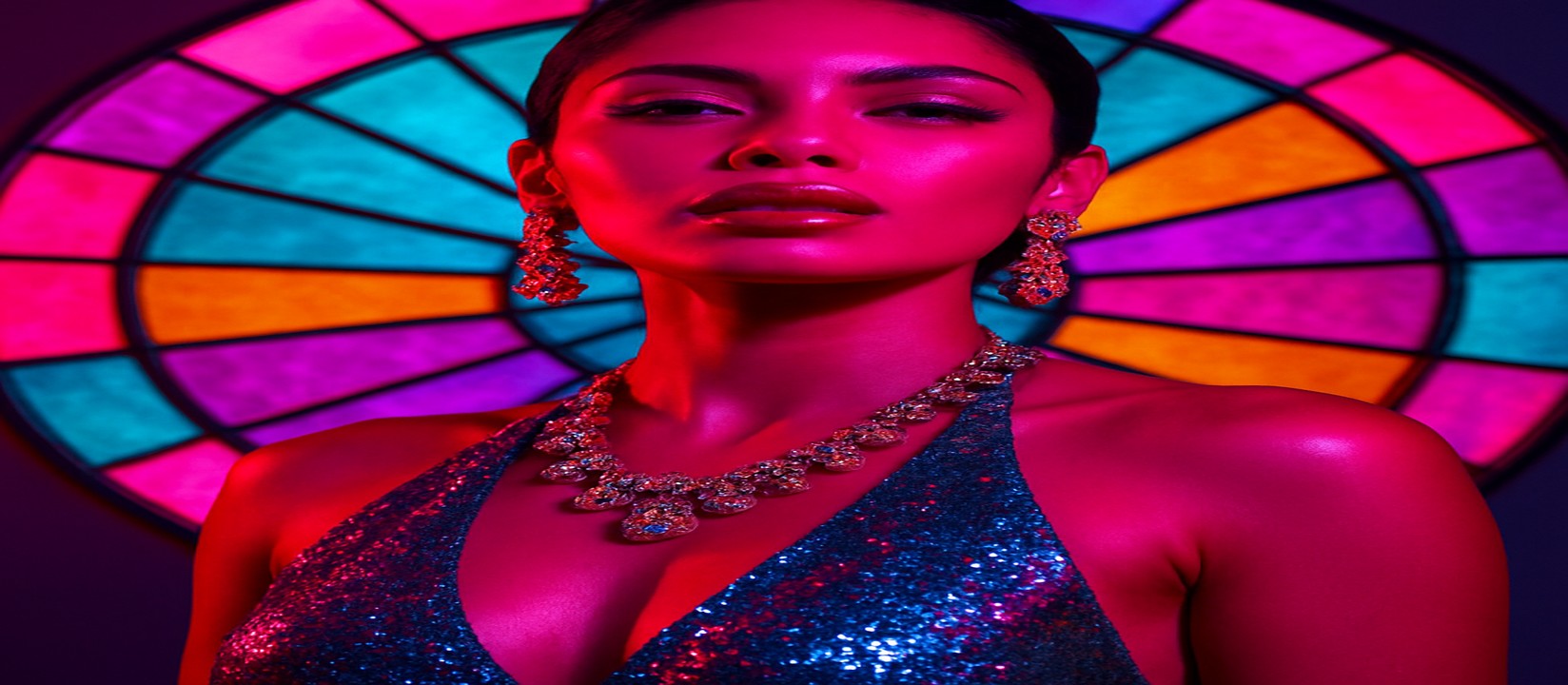 একজন মহিলা সিকুইন পোশাকে উজ্জ্বল রঙের একটি গেমিং প্ল্যাটফর্মের চাকার সামনে দাঁড়িয়ে আছেন