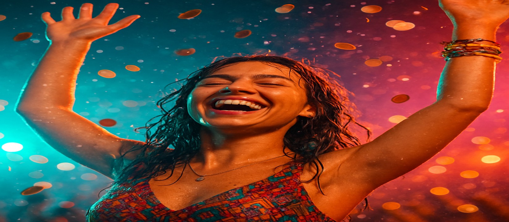 pbc গেমিং প্ল্যাটফর্মে কয়েনের বৃষ্টির মধ্যে একটি রঙিন টপ পরা এক নারী দাঁড়িয়ে আছেন