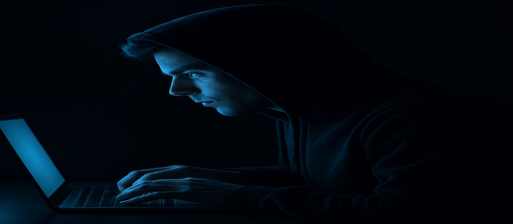 একজন ব্যক্তি অন্ধকারে ল্যাপটপে বসে pbc ওয়েবসাইটে অনলাইন গেম খেলছেন, মনোযোগী চেহারা নিয়ে।